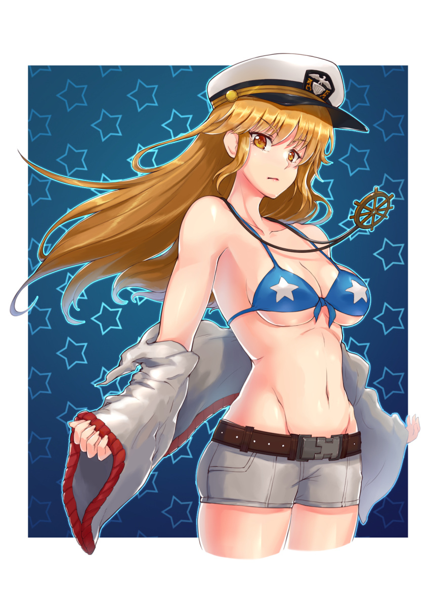 1girl, armpits, belt, bikini, bikini_top, blonde_hair, blue_background, blue_bikini