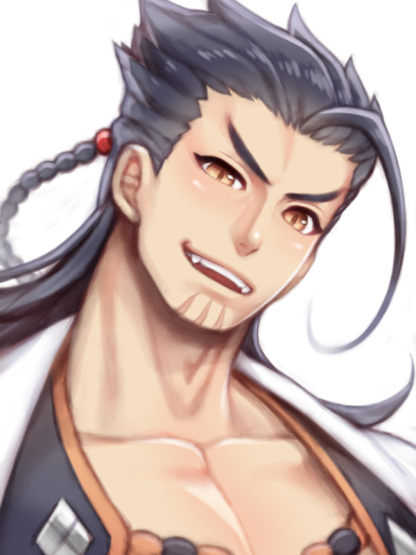 1boy, black_hair, braid, folks_(nabokof), long_hair, male_focus, open_mouth, orange_eyes