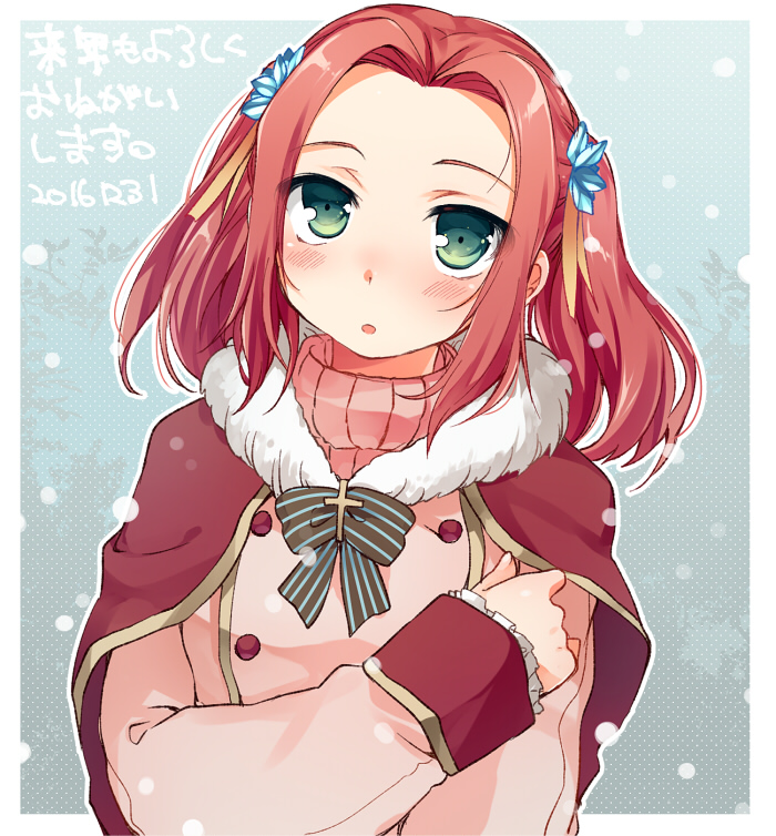 1girl, blush, bow, capelet, coat, eleanor_hume, fur_trim, green_eyes