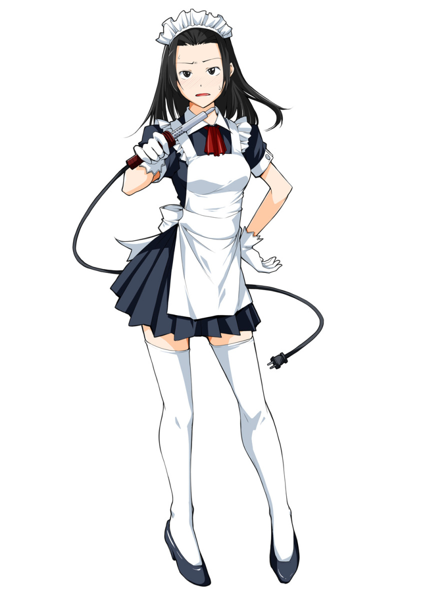 1girl, apron, black_eyes, black_hair, black_shoes, black_skirt, blush, collared_shirt