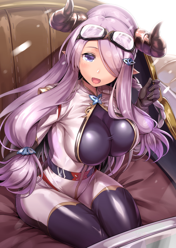 1girl, alternate_costume, arm_support, blue_eyes, breasts, bursting_breasts, cleavage_cutout, doraf, from_above, granblue_fantasy, hair_over_one_eye, horns, impossible_clothes, large_breasts, lavender_hair, lips, long_hair, misao_(kami_no_misoshiru), narumeia_(granblue_fantasy), open_mouth, pointy_ears, sidelocks, sitting, skin_tight, skindentation, spandex, tongue, very_long_hair