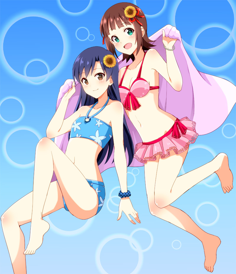 amami_haruka, barefoot, bikini, blue_hair, blush, bracelet, breasts, brown_eyes