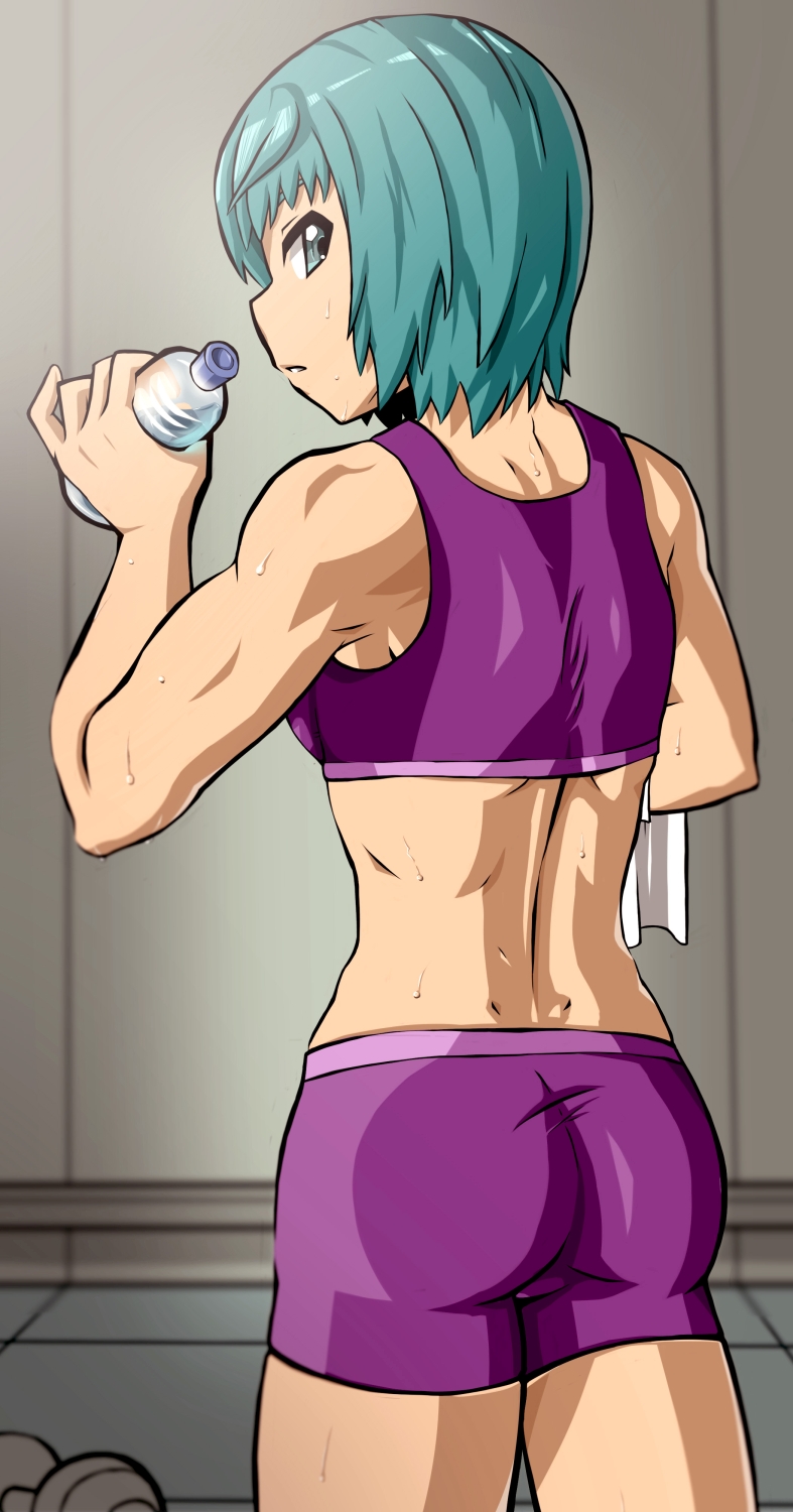 1girl, aqua_eyes, aqua_hair, ass, bike_shorts, bottle, cowboy_shot, dimples_of_venus, dumbbell, from_behind, highres, holding, indoors, looking_back, muscle, muscular_female, parted_lips, profile, purple_shirt, purple_shorts, sei_(va-11_hall-a), shirt, short_hair, shorts, solmoniq, solo, standing, sweat, tank_top, towel, va-11_hall-a, water_bottle