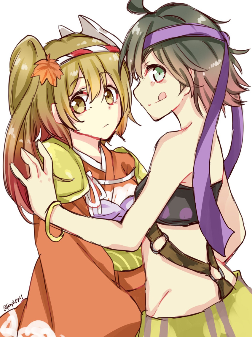2girls, :p, ahoge, artist_name, bare_shoulders, black_hair, bra, bracelet