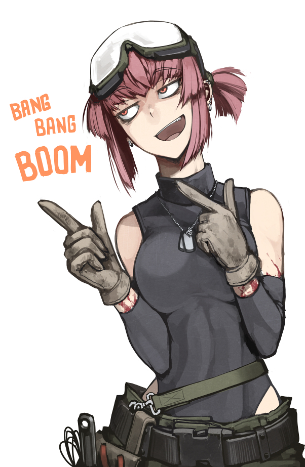 1girl, arm_warmers, bags_under_eyes, belt, blood, breasts, constricted_pupils, dog_tags