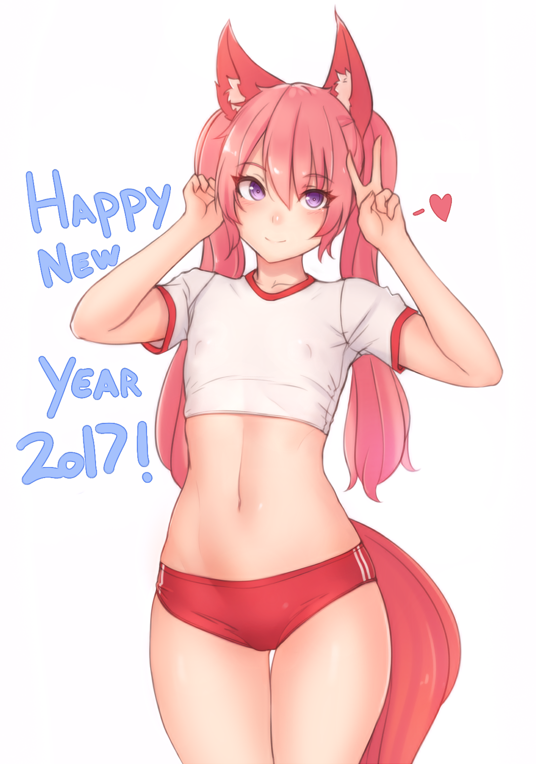 1girl, 2017, animal_ears, bangs, blush, buruma, closed_mouth, cowboy_shot, crop_top, elin_(tera), fox_ears, fox_girl, fox_tail, gym_uniform, happy_new_year, heart, highres, kubo_(artist), long_hair, navel, new_year, pink_hair, shirt, short_sleeves, smile, solo, standing, stomach, tail, tera_online, thigh_gap, tsurime, twintails, v, violet_eyes, white_shirt