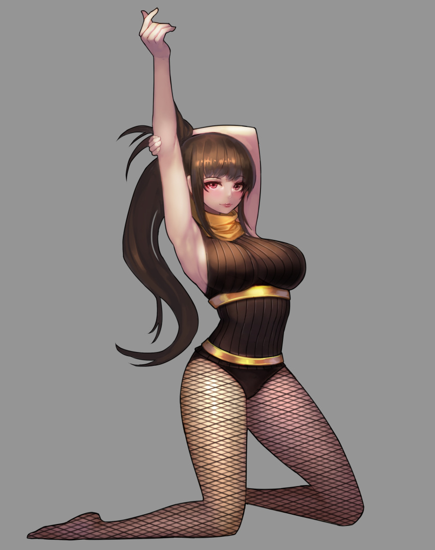 1girl, absurdres, arm_up, armpits, arms_up, breasts, brown_eyes, brown_hair