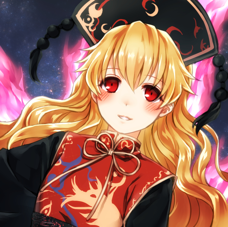 1girl, asada_ryou, bangs, blonde_hair, blush, crescent, hair_between_eyes, hat