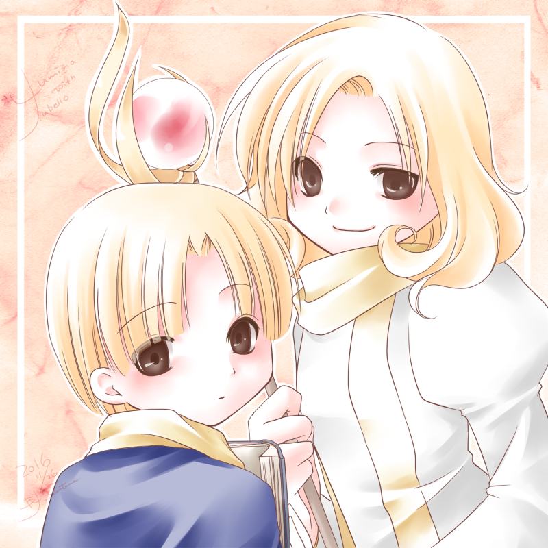 1boy, 1girl, blonde_hair, book, book_hug, brother_and_sister, brown_eyes, expressionless, eyebrows_visible_through_hair, fire_emblem, fire_emblem:_mystery_of_the_emblem, haku_rei, holding, holding_book, robe, short_hair, siblings, smile, staff, yubello, yumina_(fire_emblem)