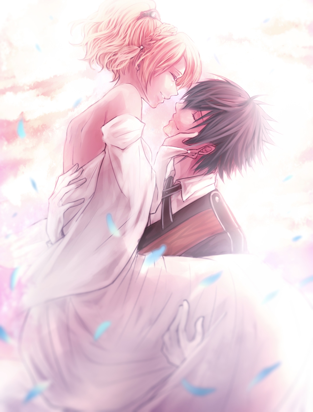 1boy, 1girl, alternate_costume, black_hair, blonde_hair, candeur, closed_eyes, couple, dress, final_fantasy, final_fantasy_xv, formal, gloves, hand_holding, highres, lunafreya_nox_fleuret, noctis_lucis_caelum, smile, spoilers, white_dress