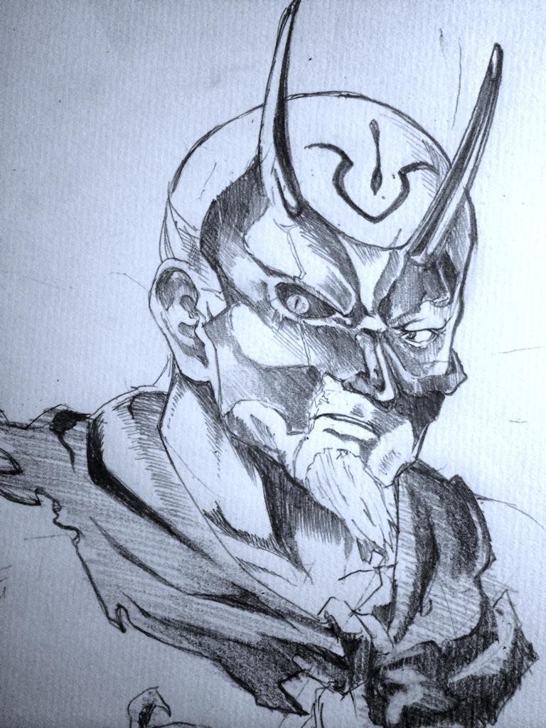 1boy, artist_request, bald, facial_hair, facial_mark, fire_emblem, fire_emblem_if, forehead_mark, goatee, horned_headwear, kumagera, looking_at_viewer, male_focus, mask, parted_lips, scar, serious, shirtless, solo, teeth, torn_clothes, traditional_media