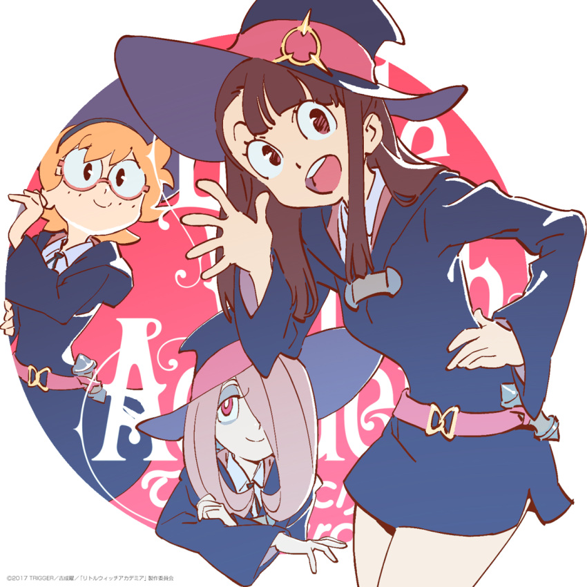 3girls, akko_kagari, bangs, blunt_bangs, bright_pupils, brown_eyes, brown_hair, circle, dress, hair_over_one_eye, hand_on_hip, hat, highres, little_witch_academia, logo, lotte_yanson, multiple_girls, official_art, orange_hair, pink_eyes, purple_hair, school_uniform, short_dress, short_hair, simple_background, smile, sucy_manbabalan, trigger_(company), triggertop, watermark, waving, white_background, witch_hat, yoshinari_you