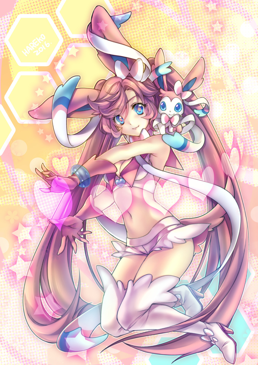 1girl, armpits, artist_request, bangs, bare_shoulders, blue_eyes, bow, breasts, cleavage, closed_mouth, cosplay, eyebrows_visible_through_hair, folded_leg, full_body, gloves, hair_bow, hair_ornament, hair_ribbon, heart, high_heels, highres, legs, long_hair, looking_at_viewer, midriff, navel, on_shoulder, outstretched_arms, personification, pink_gloves, pink_hair, pokemon, pokemon_(game), pokemon_xy, ribbon, short_shorts, shorts, smile, solo, star, starry_background, stomach, swept_bangs, sylveon, sylveon_(cosplay), symbol-shaped_pupils, thigh-highs, thighs, twintails, very_long_hair, wrist_cuffs