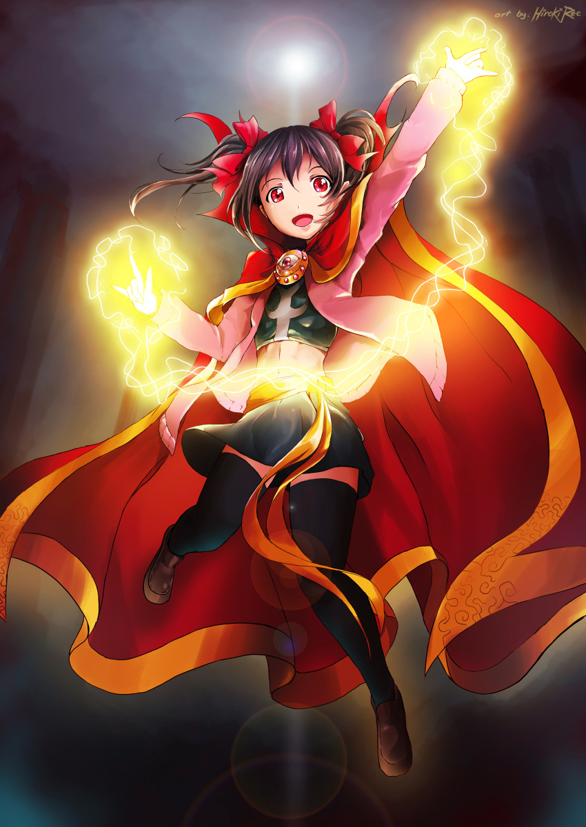 1girl, :d, absurdres, black_hair, black_legwear, black_skirt, cosplay, doctor_strange, doctor_strange_(cosplay), doctor_strange_(series), eye_of_agamotto, floating, highres, hiroki_ree, love_live!, love_live!_school_idol_project, magic, midriff, open_mouth, red_eyes, signature, skirt, smile, solo, thigh-highs, twintails, yazawa_nico, zettai_ryouiki
