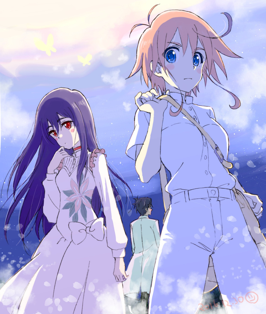 1boy, 2girls, bag, blue_eyes, butterfly, choker, dress, flip_flappers