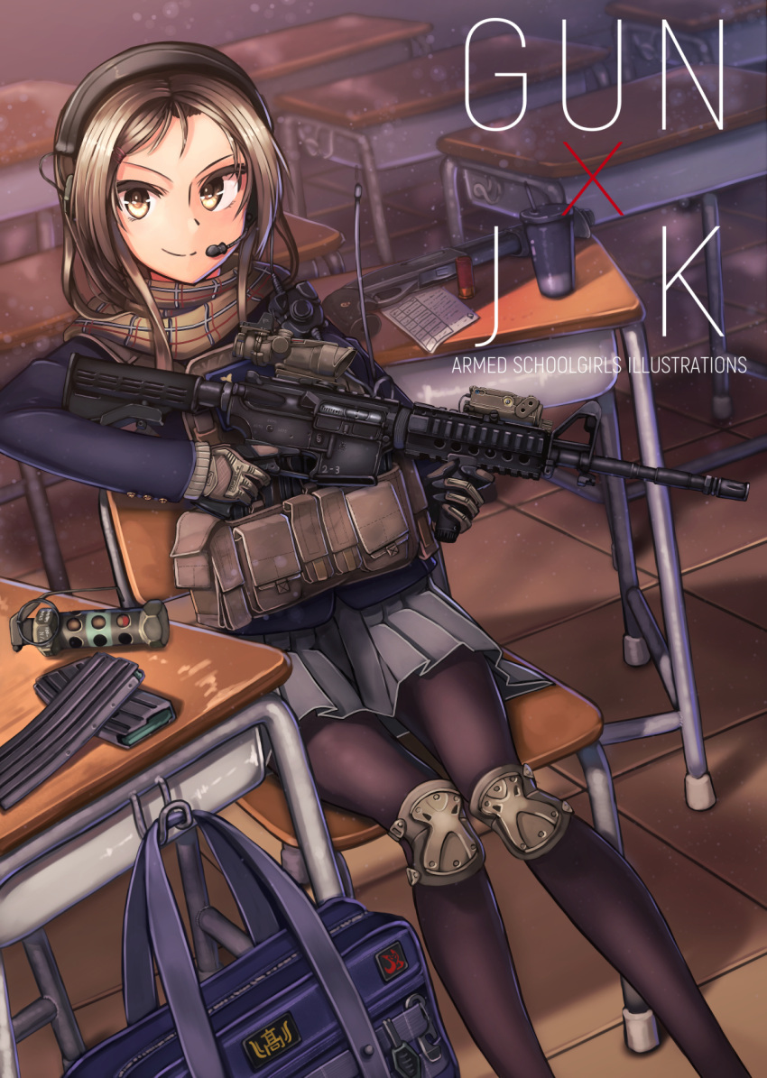 1girl, airsoft, bag, brown_eyes, cup, desk, dreadtie, explosive