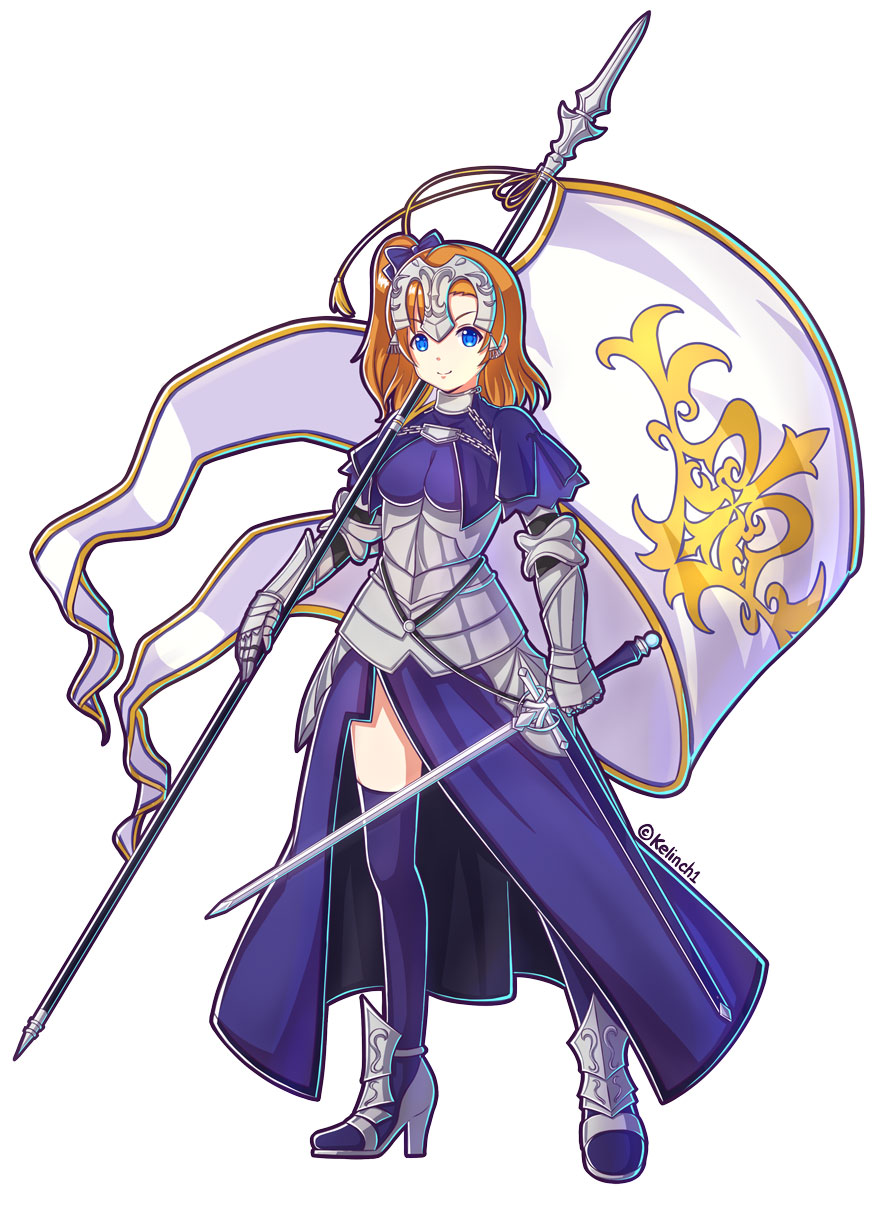 1girl, armor, armored_dress, banner, blue_eyes, capelet, chains, cosplay