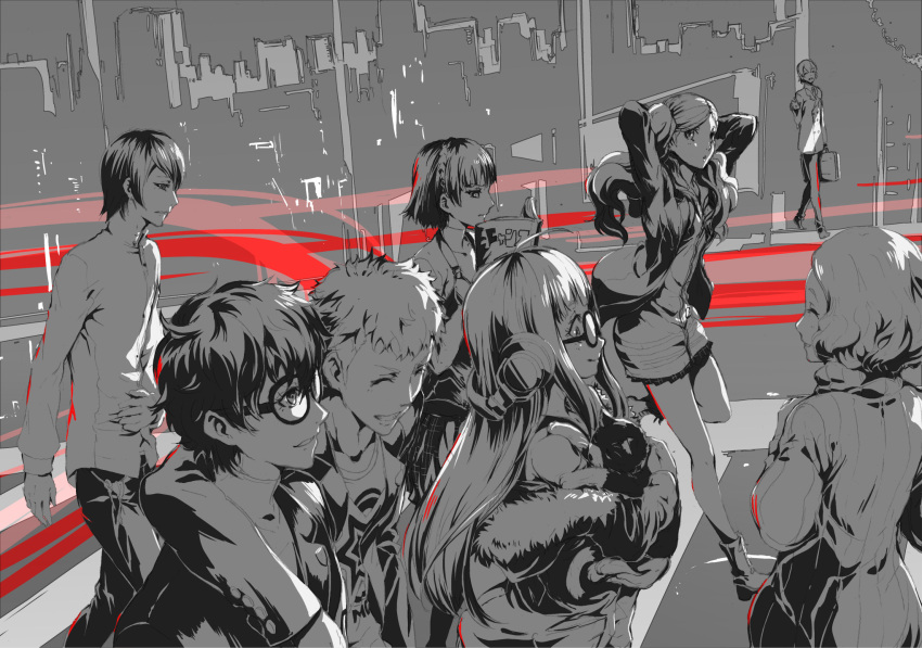 4boys, 4girls, akechi_gorou, b, cat, closed_eyes, glasses, gloves