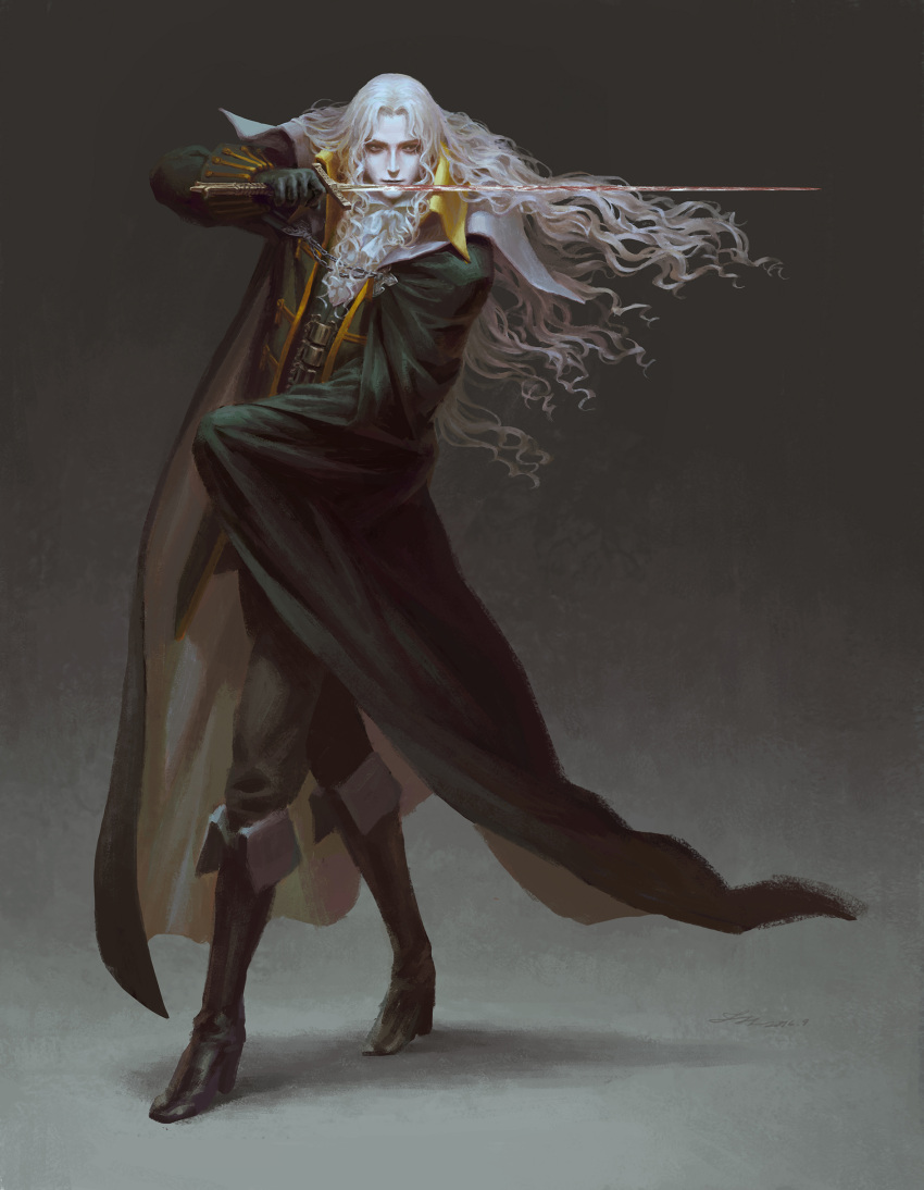 1boy, absurdres, alucard_(castlevania), blood, boots, cape, castlevania, castlevania:_dawn_of_sorrow, castlevania:_symphony_of_the_night, european_clothes, grey_background, grey_hair, highres, holding, holding_weapon, licking, signature, simple_background, sword, vampire, weapon, zhoujialin