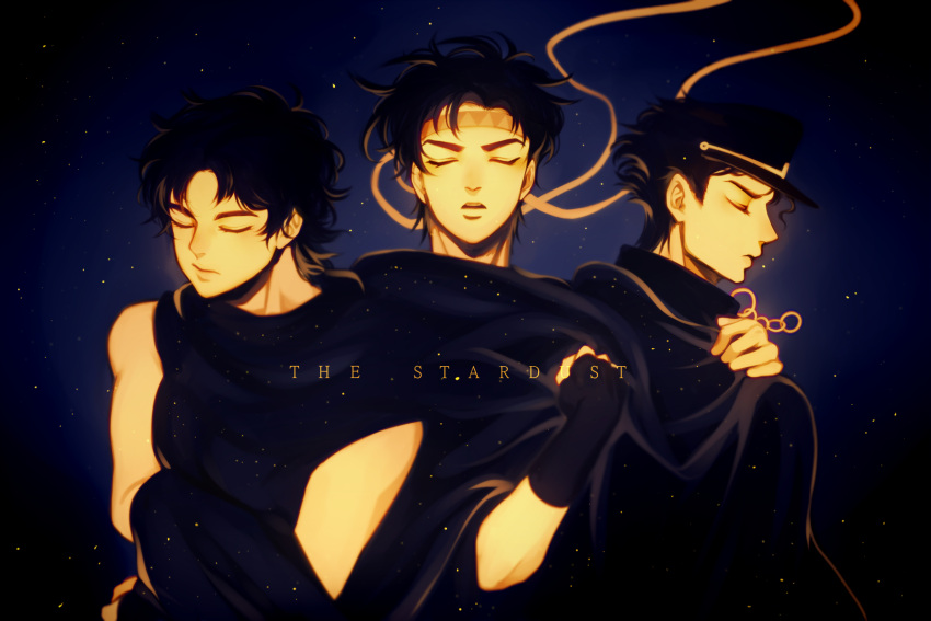 3boys, black_hair, chains, clenched_hand, cloak, fingerless_gloves, gloves, hat, headband, highres, jojo_no_kimyou_na_bouken, jonathan_joestar, joseph_joestar_(young), kuujou_joutarou, male_focus, multiple_boys, open_mouth, sahra3721