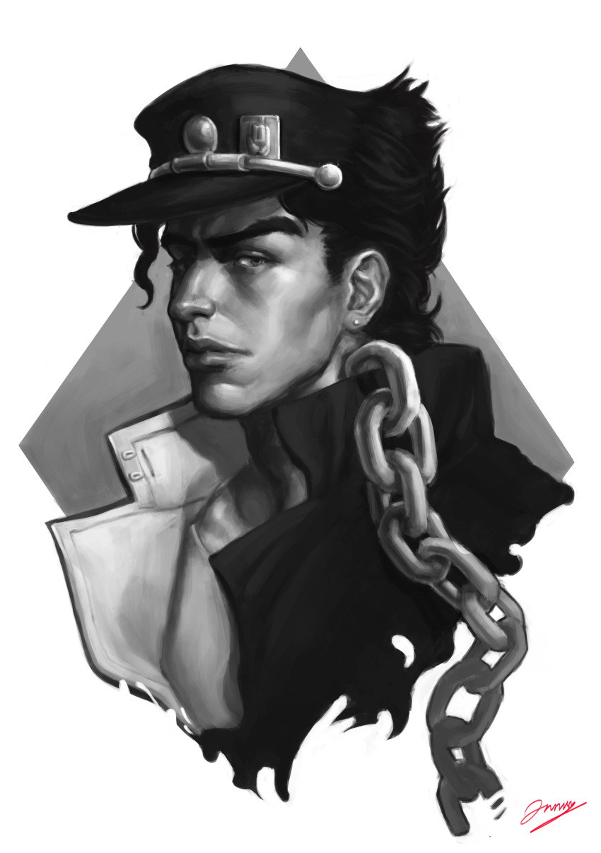 1boy, absurdres, chains, earrings, gakuran, greyscale, hat, hearoto
