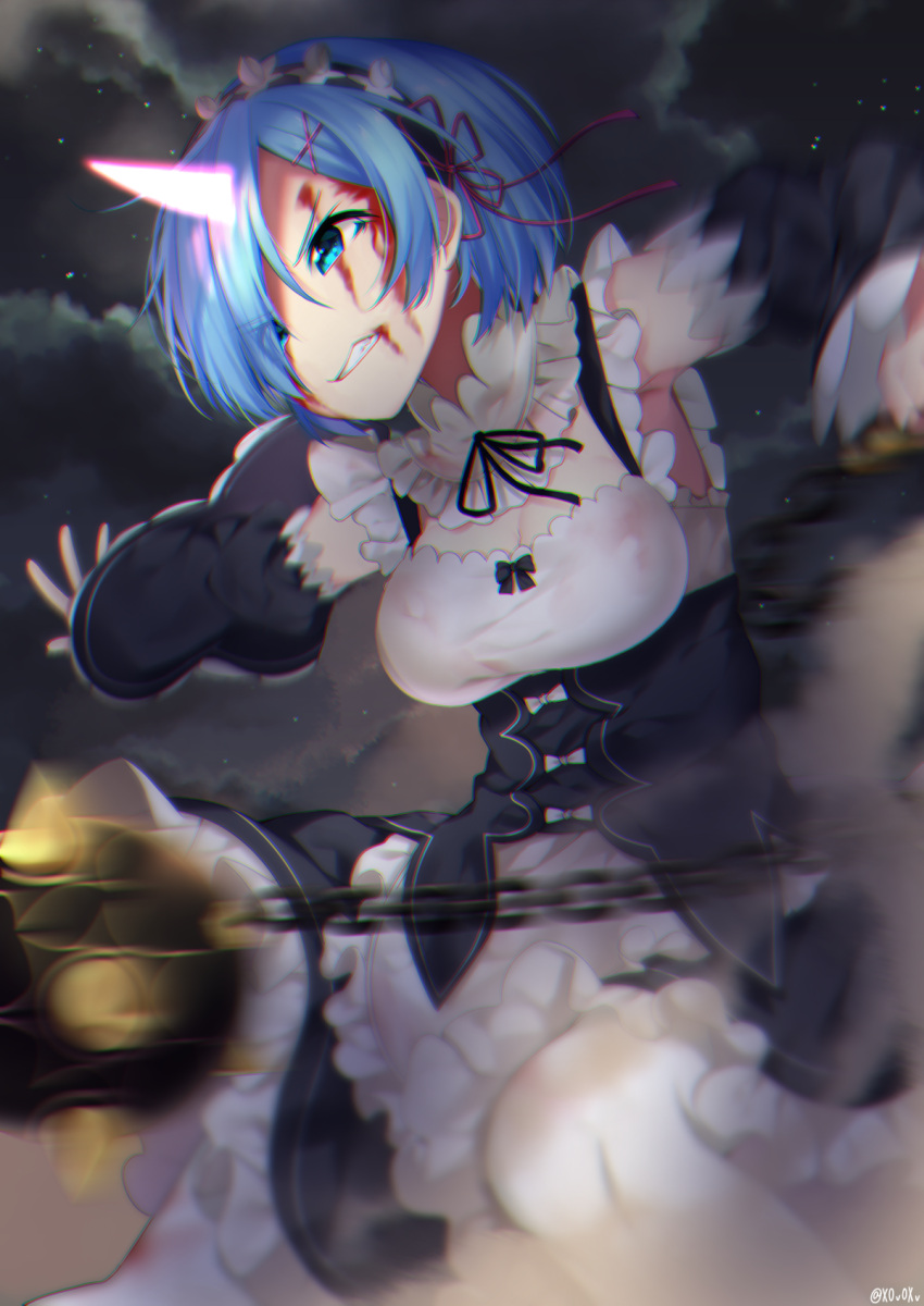 1girl, angry, apron, blue_eyes, blue_hair, bow, breasts, chains