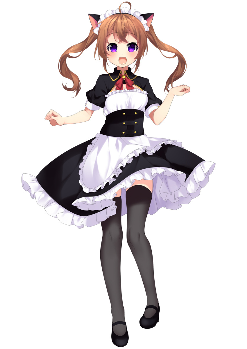 1girl, :d, ahoge, animal_ears, apron, bangs, black_legwear, black_shoes