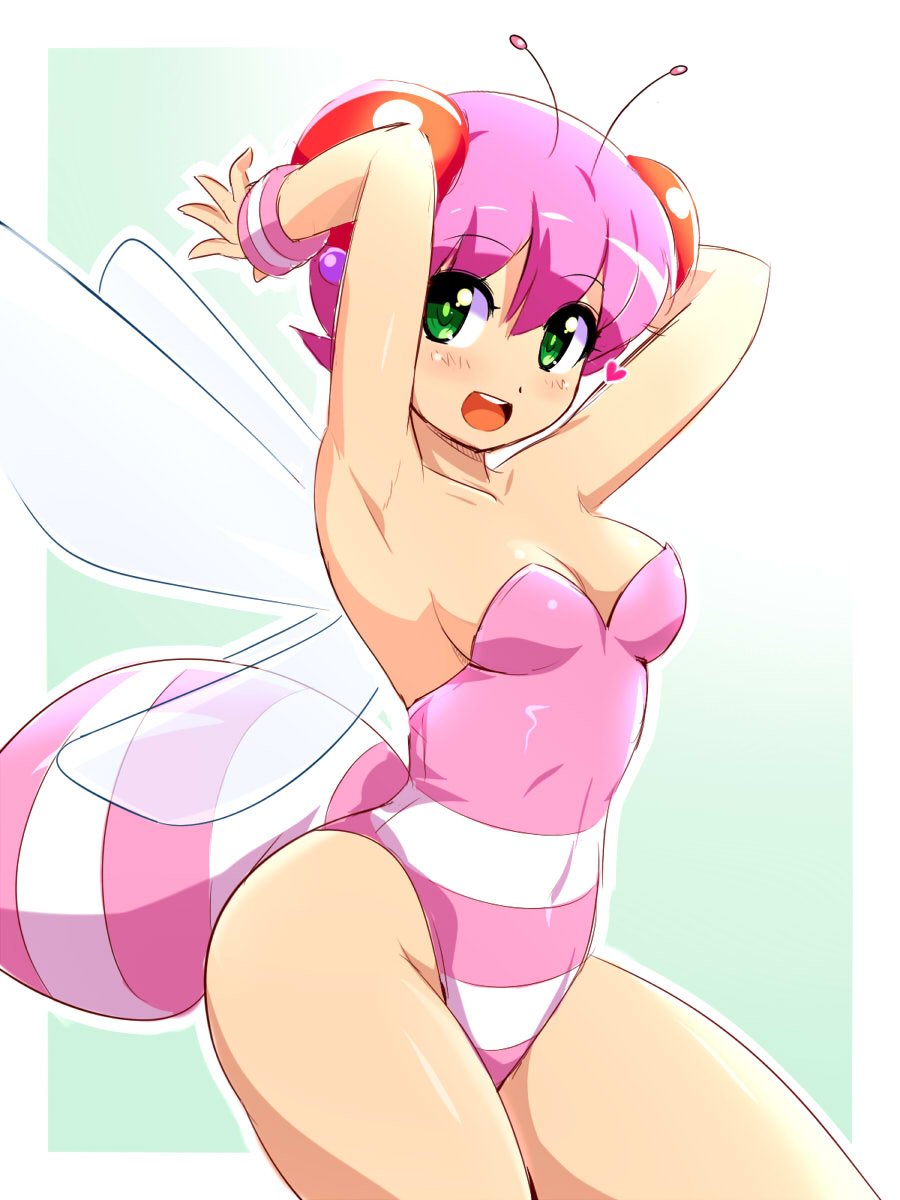 1girl, antennae, bare_shoulders, bee_girl, blush, breasts, cleavage, green_eyes, highres, honey_bee_(bug-tte_honey), insect_girl, konpeto, leotard, looking_at_viewer, pink_hair, short_hair, sleeveless, smile, solo, takahashi_meijin_no_bug-tte_honey, teeth, wings