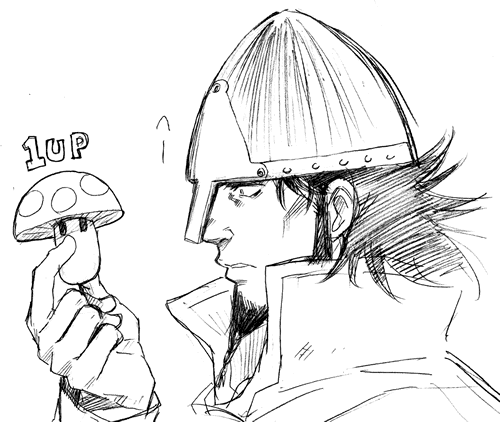 bjorn, helmet, lowres, male, mario, monochrome, mushroom, parody, sabroh, saburo, sketch, super_mario_bros., viking, vinland_saga