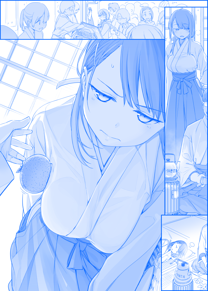 =3, ai-chan_(tawawa), comic, commentary_request, eyebrows_visible_through_hair, fireworks, food, frown