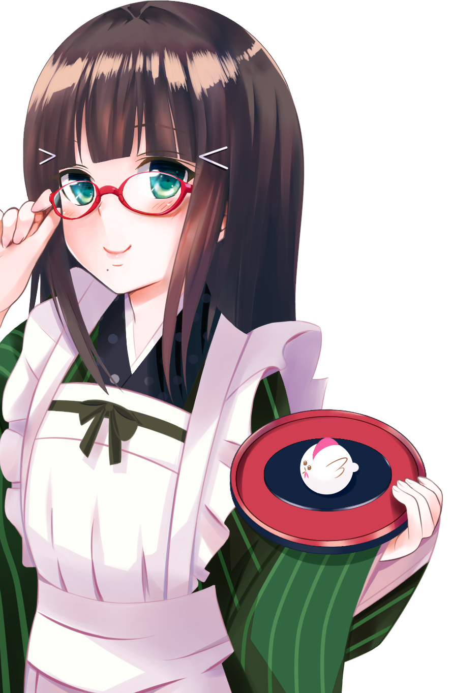 1girl, adjusting_glasses, alternate_costume, apron, aqua_eyes, bespectacled, bird, black_hair