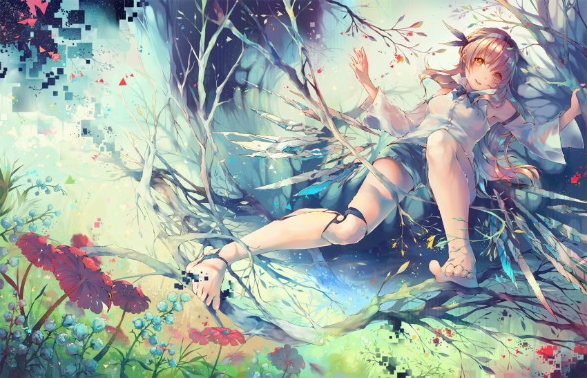 1girl, barefoot, blonde_hair, braid, breasts, commentary, detached_sleeves, digital_dissolve