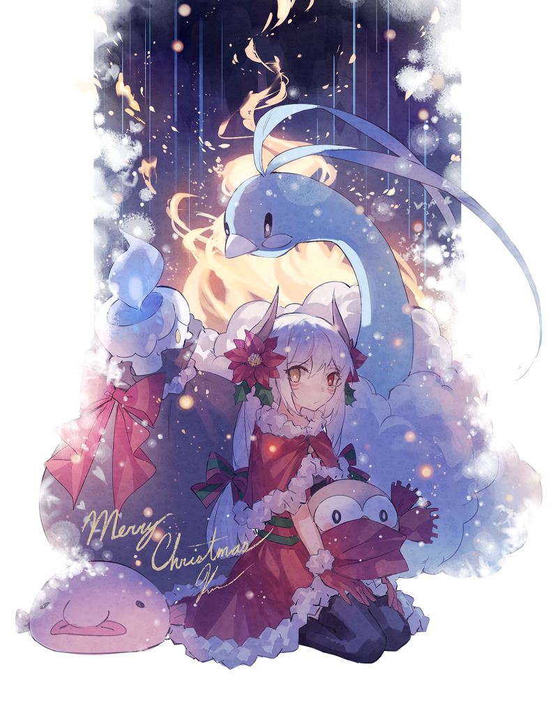 1girl, altaria, black_legwear, blobfish, capelet, character_request, commentary, flat_chest
