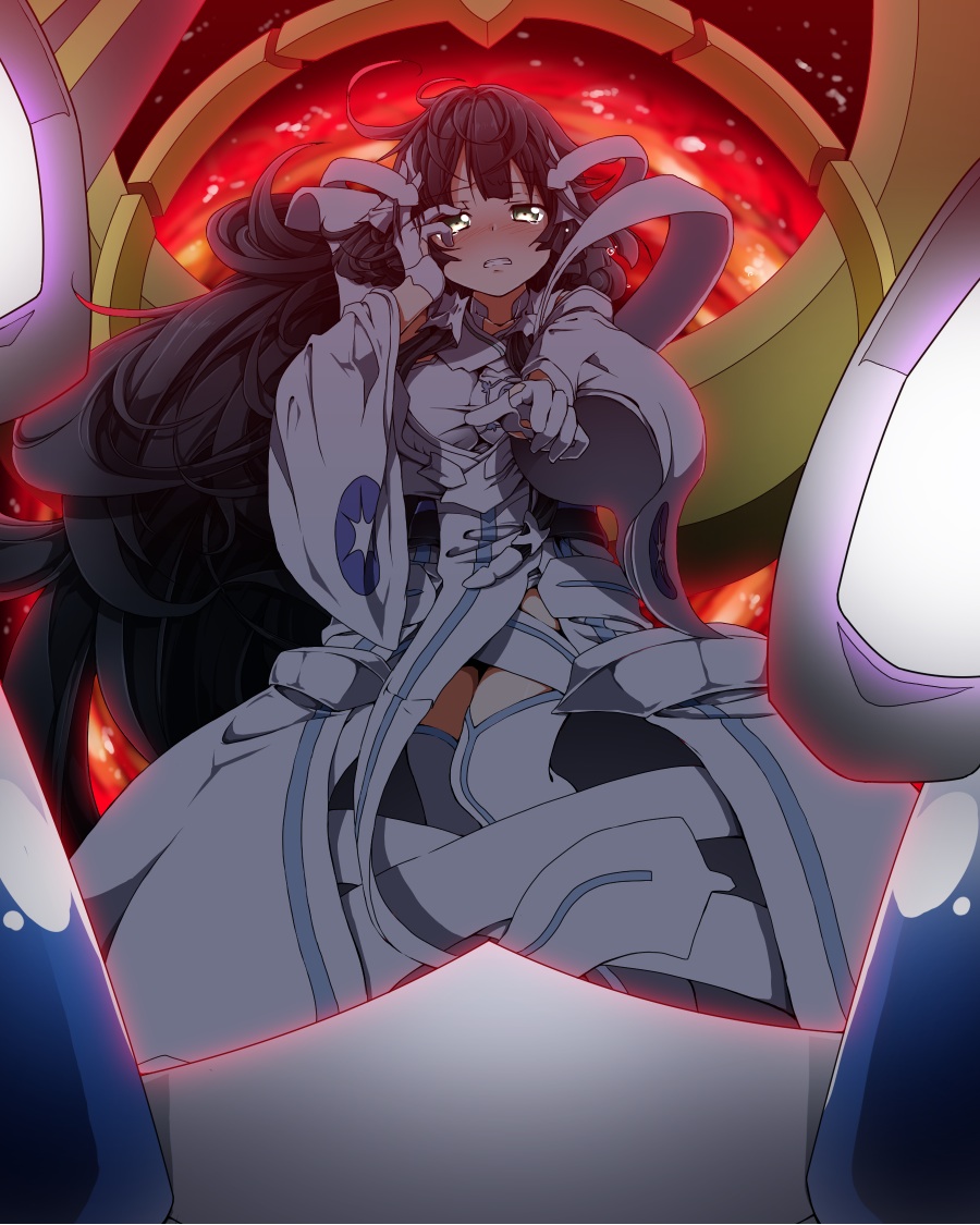 1girl, black_hair, blush, breasts, clenched_teeth, collarbone, detached_sleeves, eyebrows_visible_through_hair, fire, gloves, green_eyes, hand_on_own_face, head_tilt, kigiri, long_hair, long_sleeves, looking_at_viewer, magical_girl, mankai, medium_breasts, nose_blush, reaching_out, solo, teeth, thigh-highs, tougou_mimori, very_long_hair, white_gloves, wide_sleeves, yuuki_yuuna_wa_yuusha_de_aru, yuusha_de_aru