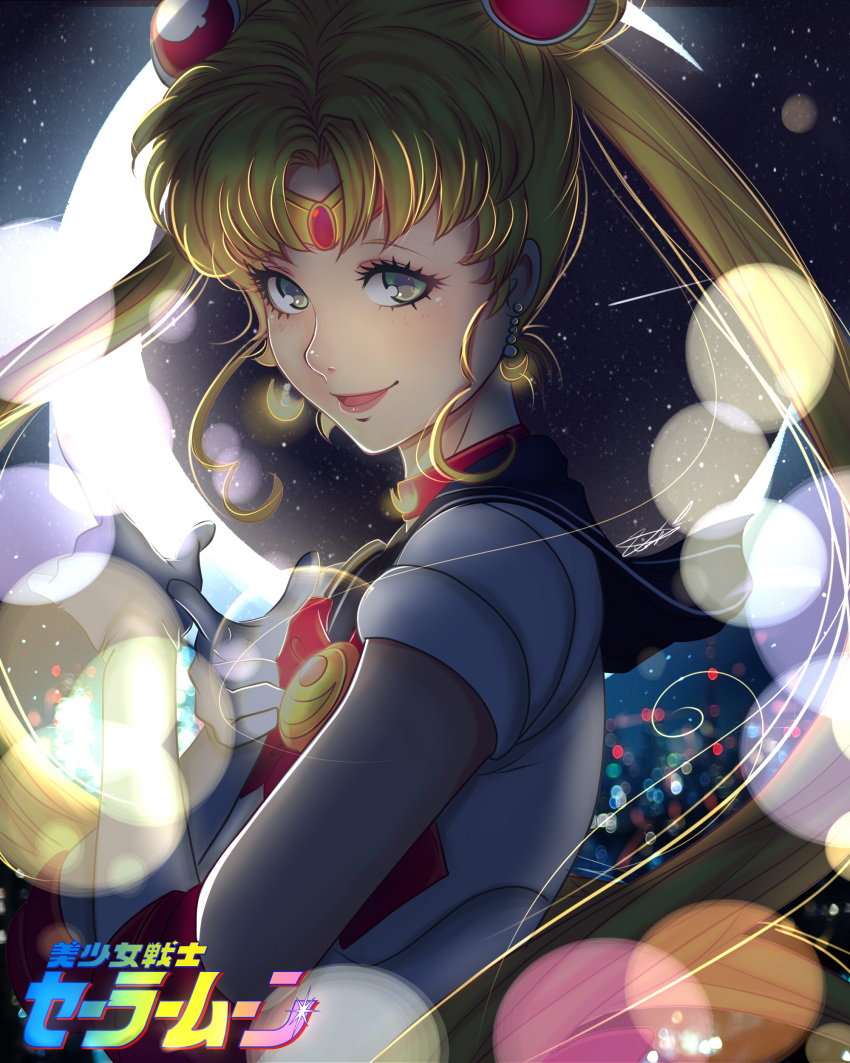 1girl, absurdres, bishoujo_senshi_sailor_moon, blonde_hair, choker, crescent, crescent_earrings, crescent_moon, derivative_work, double_bun, earrings, elbow_gloves, from_side, gloves, green_hair, highres, jewelry, logo, long_hair, moon, night, night_sky, open_mouth, ribbon, sailor_collar, sailor_moon, sky, smile, solo, tsuki_ni_kawatte_oshioki_yo, tsukino_usagi, twintails, upper_body, vanessa_trevi&ntilde;o, white_gloves