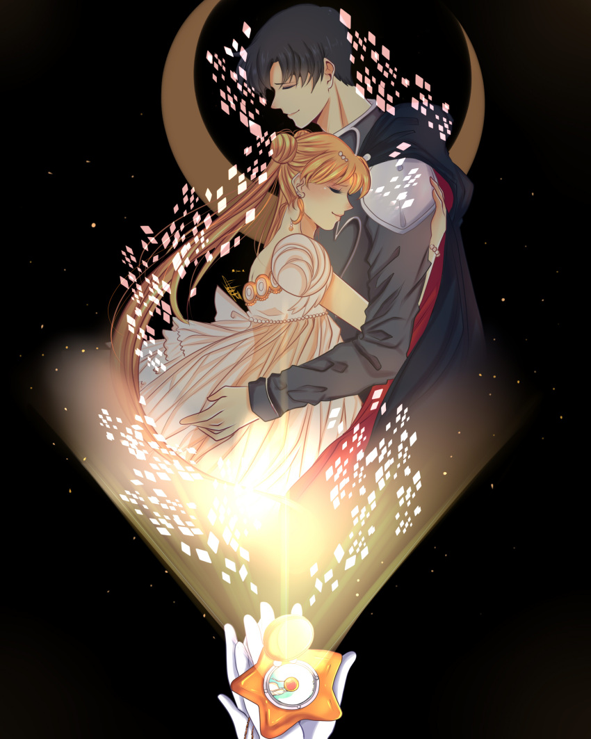 1boy, 1girl, absurdres, bishoujo_senshi_sailor_moon, black_hair, blonde_hair, cape, chiba_mamoru