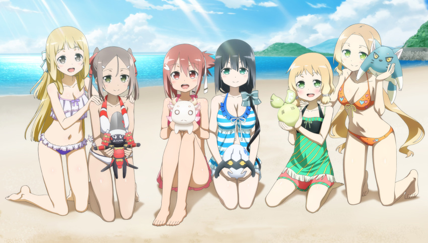 6+girls, :<, :d, aqua_eyes, artist_request, bangs, barefoot, beach