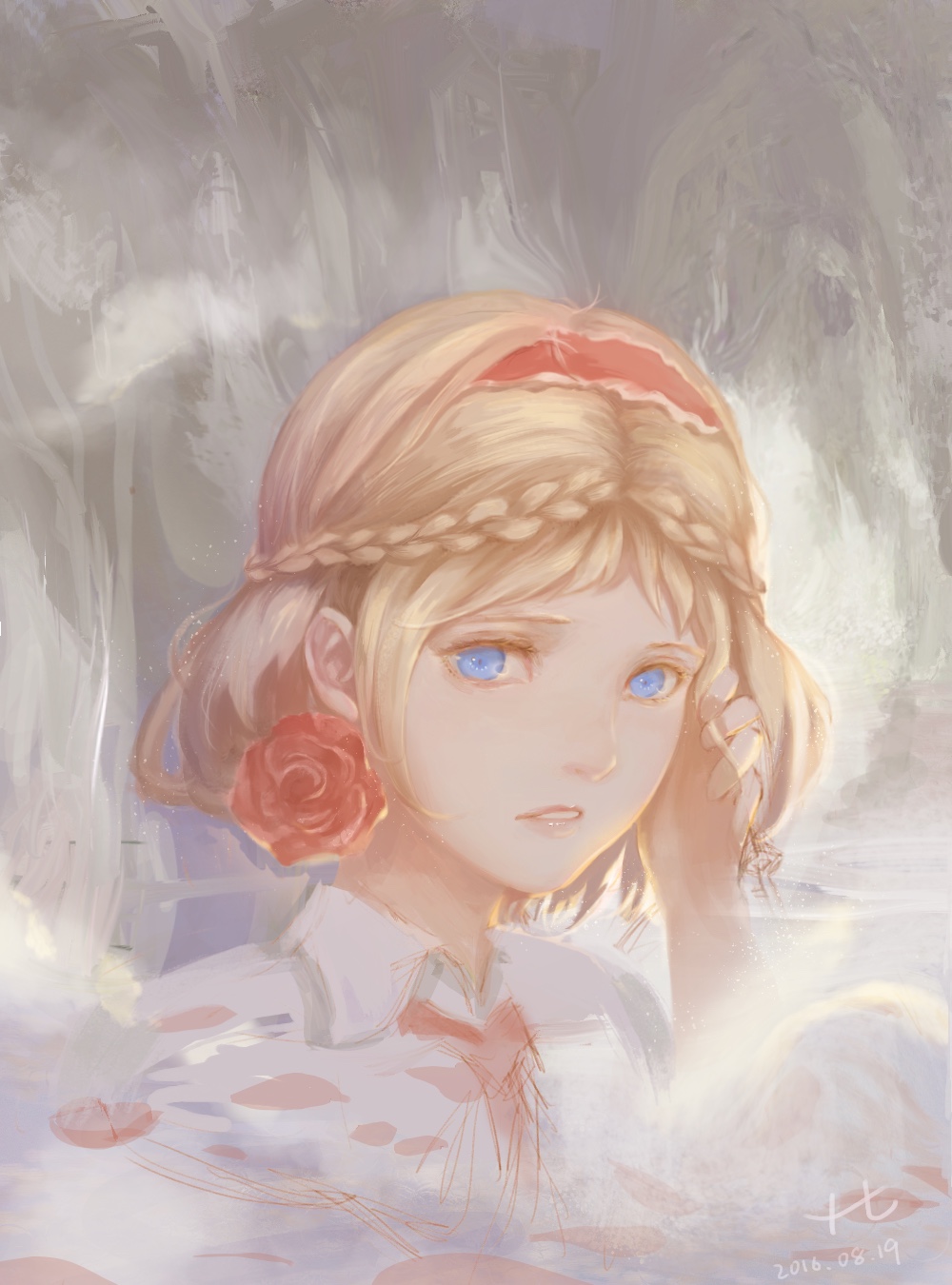 1girl, alice_margatroid, alternate_hairstyle, backlighting, blonde_hair, blue_eyes, braid, capelet