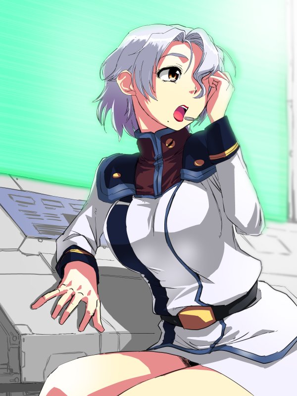 1girl, breasts, brown_eyes, headset, large_breasts, macross, macross_7, miniskirt