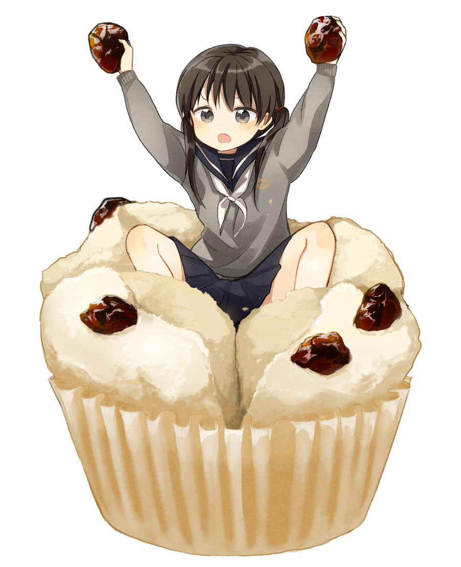 >:o, 1girl, :o, arms_up, bangs, black_skirt, blush, boyano, brown_hair, food, grey_eyes, holding, holding_food, in_food, legs_apart, long_hair, minigirl, muffin, open_mouth, original, pleated_skirt, raisin, school_uniform, serafuku, simple_background, skirt, solo, twintails, white_background, white_neckerchief