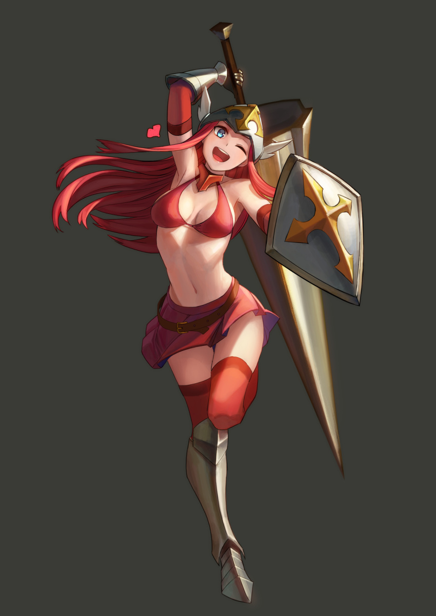 1girl, ahd, arm_up, bare_shoulders, belt, bikini, blue_eyes, breasts