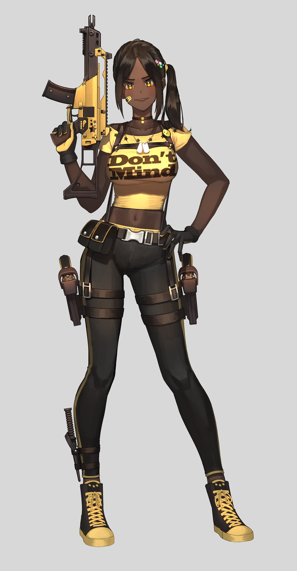 1girl, ahd, ankle_holster, bandaid, bandaid_on_cheek, bandaid_on_face, bangs, belt, belt_buckle, belt_pouch, black_choker, black_gloves, black_pants, bracer, breasts, brown_eyes, brown_hair, buckle, choker, clothes_writing, collarbone, contrapposto, converse, cross-laced_footwear, dark_skin, dog_tags, full_body, gloves, grey_background, gun, hair_ornament, hair_tie, hand_on_hip, hand_up, handgun, harness, highres, holding, holding_gun, holding_weapon, holster, knife, legs_apart, looking_at_viewer, machine_gun, medium_breasts, midriff, navel, original, pants, parted_bangs, pistol, shirt, shoes, short_hair, short_sleeves, side_ponytail, simple_background, sneakers, solo, star, star_hair_ornament, strap, submachine_gun, suspenders, thigh_holster, thigh_strap, trigger_discipline, very_dark_skin, weapon, yellow_eyes, yellow_shirt