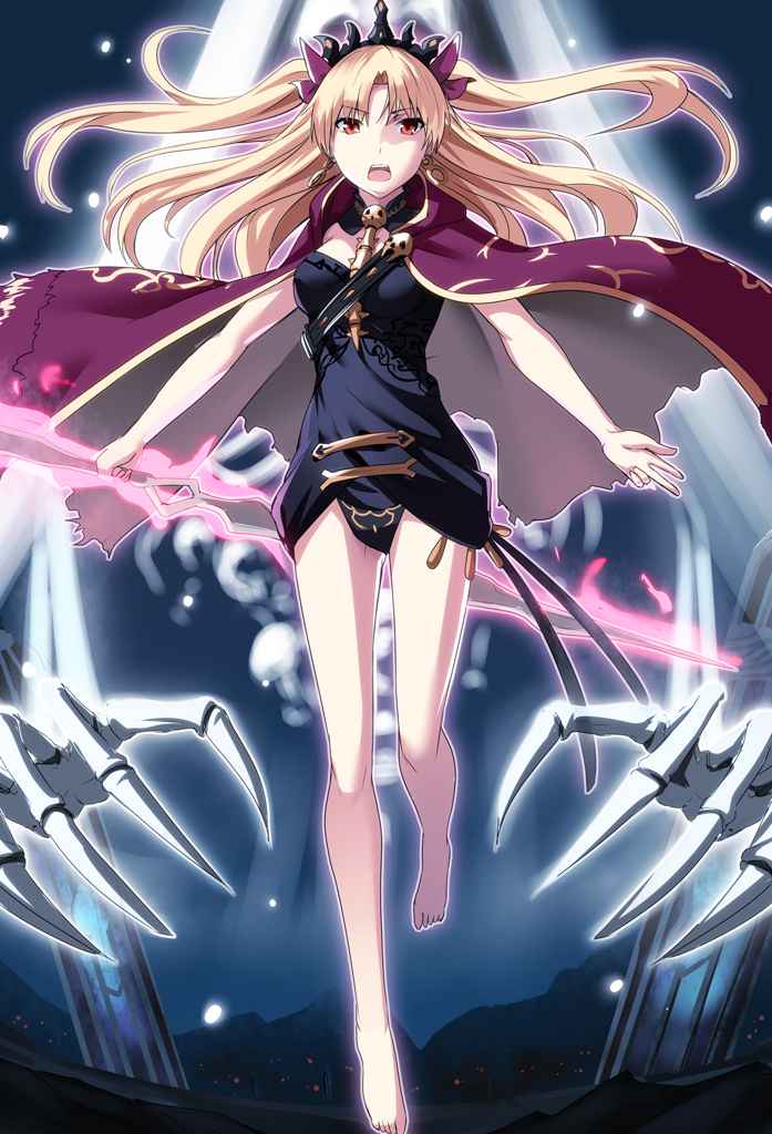 1girl, barefoot, blonde_hair, cape, earrings, ereshkigal_(fate/grand_order), fate/grand_order, fate_(series)