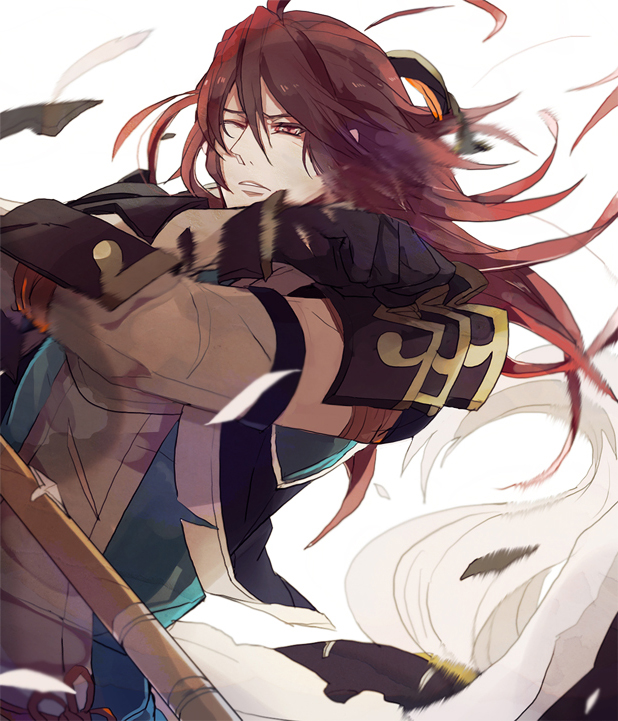 ahoge, fire_emblem, fire_emblem_if, gloves, long_hair, male_focus, one_eye_closed, polearm