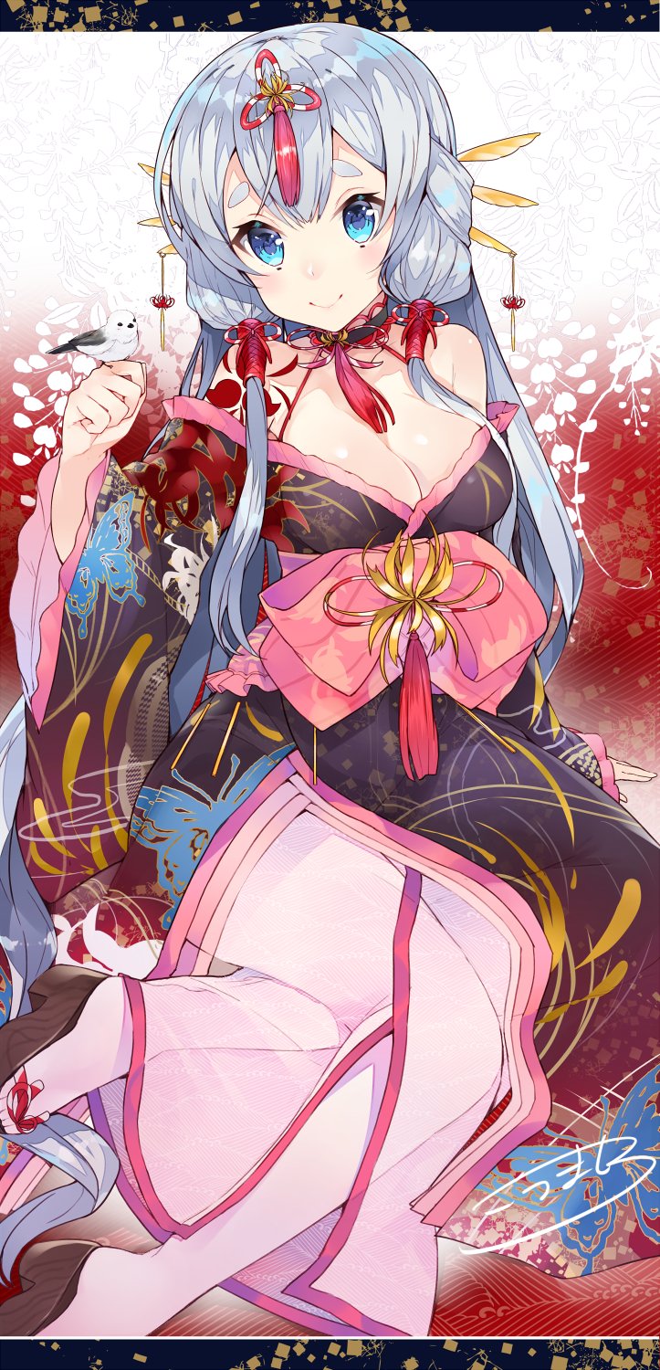 1girl, artist_name, bangs, bare_shoulders, bird, black_kimono, blue_eyes, blush