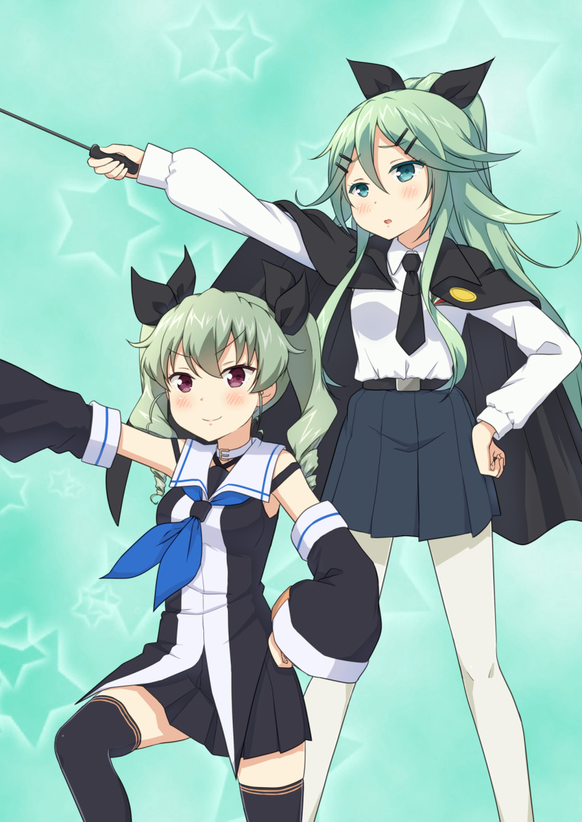2girls, anchovy, anchovy_(cosplay), bangs, belt, black_legwear, black_necktie, black_ribbon