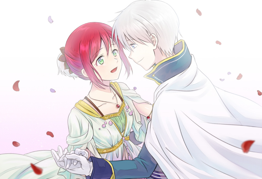 1boy, 1girl, akagami_no_shirayukihime, blue_eyes, cape, collarbone, couple, dress
