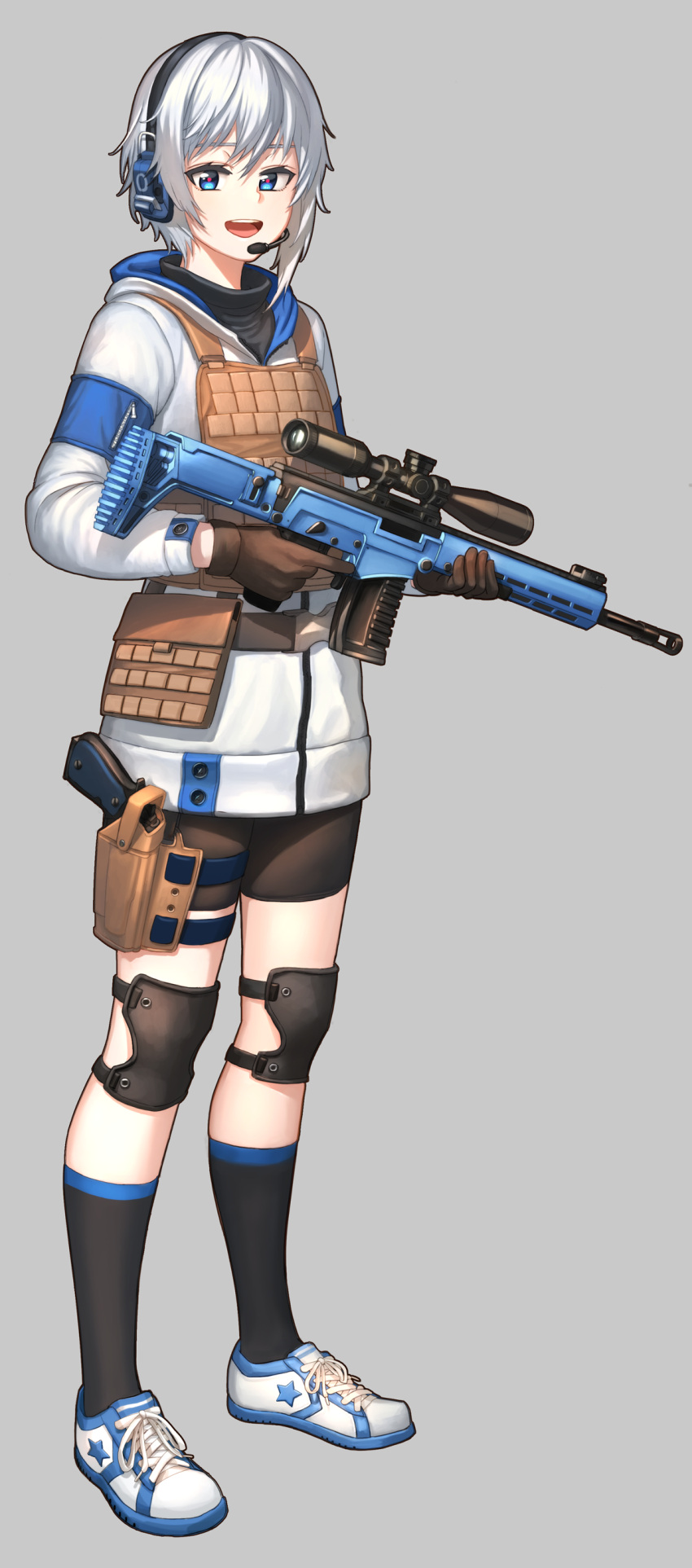1girl, absurdres, ahd, bangs, battle_rifle, belt, belt_pouch, black_legwear