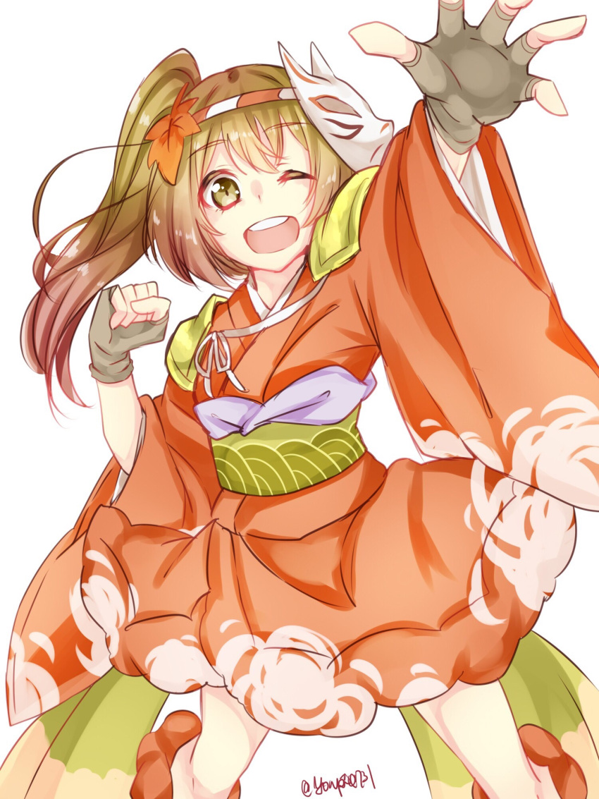 1girl, arm_up, brown_eyes, brown_hair, fingerless_gloves, fox_mask, gloves, hagane_orchestra