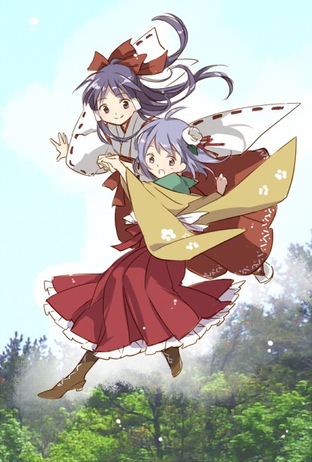 2girls, boots, bow, floating, floral_print, flower, frilled_skirt, frills, hair_bow, hair_flower, hair_ornament, hair_tubes, hakama, hakurei_reimu, hakurei_reimu_(pc-98), hand_holding, hieda_no_akyuu, japanese_clothes, kimono, koma_midori, long_hair, long_sleeves, miko, multiple_girls, open_mouth, outstretched_arms, purple_hair, red_hakama, ribbon, ribbon-trimmed_sleeves, ribbon_trim, skirt, smile, socks, spread_arms, tabi, touhou, touhou_(pc-98), wide_sleeves